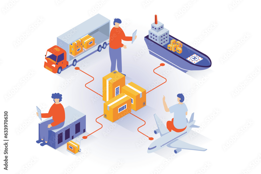 Aufkleber Transportation and logistics concept in 3d isometric design. People working in global delivery company with developed shipping infrastructure. Vector illustration with isometry scene for web graphic