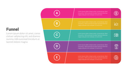 funnel shape infographics template diagram with round shape reverse pyramid and 5 point step creative design for slide presentation