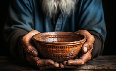 Fototapeta na wymiar Old mans hands clasp empty bowl on wood, conveying the plight of poverty Generative AI