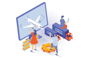 Transportation and logistics concept in 3d isometric design. People work in delivery company with commercial shipping by airplane and trucks. Vector illustration with isometry scene for web graphic