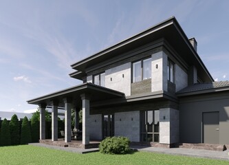 3D visualization of a modern house. Brick facade. Porcelain tiles on the facade. Panoramic windows.