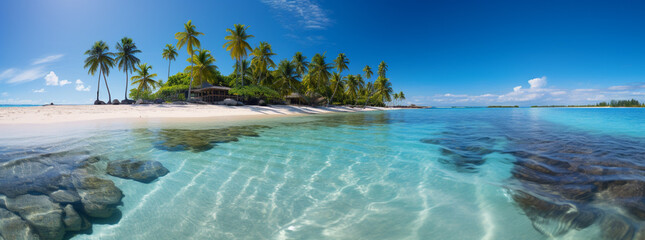 a tropical beach with cool water and palm trees, in the style of photo-realistic landscapes, panorama, light turquoise