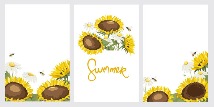 Collection of templates for postcards or invitations for a end summer holiday. Set of vector backgrounds with sunflowers and chamomile.