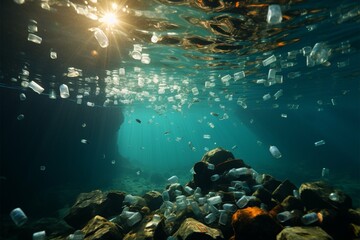 Fototapeta na wymiar Plastic burdened ocean symbolizes ecological fragility and harm from pollution Generative AI