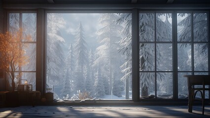 Naklejka premium A cabin in the woods, a furnace and a window