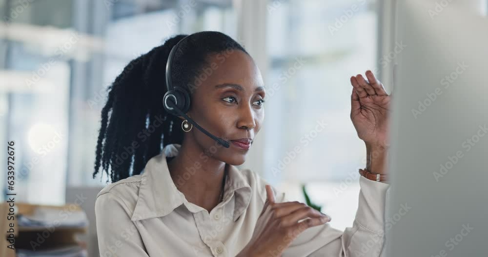 Poster Black woman, call center and consulting in customer service, support or telemarketing at the office. African female person, consultant or agent talking with headphones in online advice at workplace