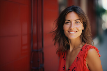 portrait d'une femme de 30-35 ans, souriante, regard malicieux, pétillante, brune cheveux mi-long, robe rouge