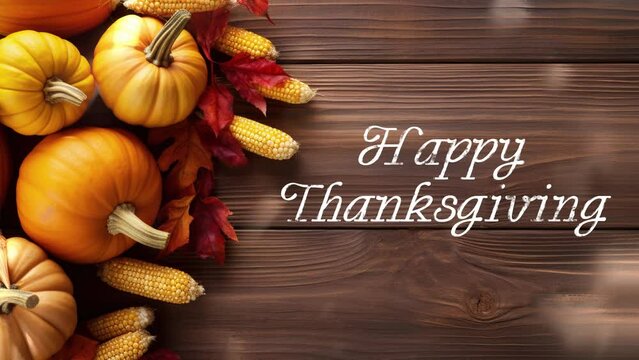 Pumpkins & corns on the wooden background. Thanksgiving Day, festive dinner concept. Animation video.