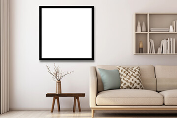 Square picture frame mockup in modern interior, blank copyspace, light tones, artwork mock-up. Generative AI