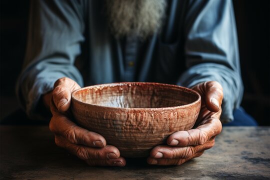 Poor old mans hands with empty bowl, symbolizing hunger and poverty Generative AI