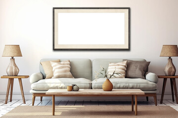 Horizontal picture frame with passe-partout mockup in living room interior, blank copyspace, light tones, artwork mock-up. Generative AI