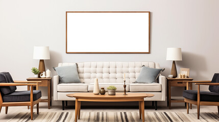 Horizontal picture frame mockup in modern living room interior, blank copyspace, light tones, wall art mock-up. Generative AI