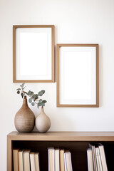 Double vertical picture frames with passe-partout mockup in modern minimalistic interior, blank copyspace, light tones, poster mock-up. Generative AI