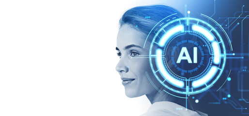Smiling woman silhouette and digital AI hologram with circuit lines, copy space