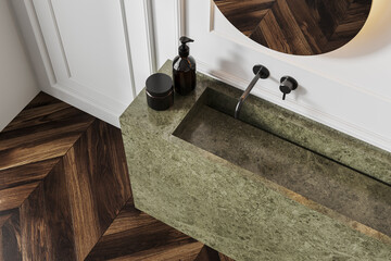 Green stone sink in white bathroom, top view
