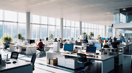 A shot of a modern open-plan office with employees at work in a bright and airy environment.