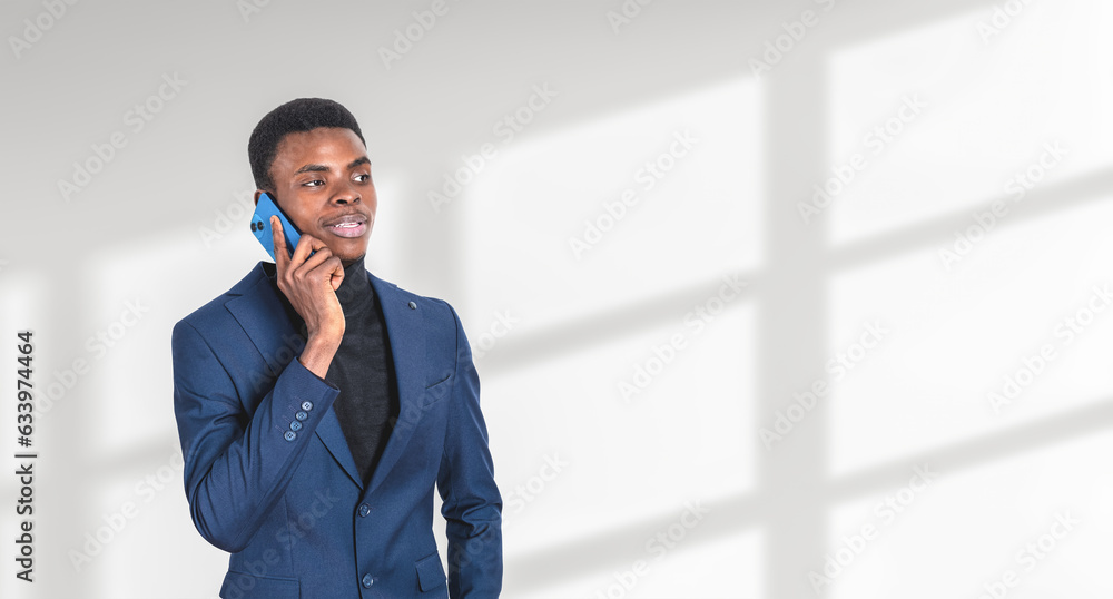 Sticker african businessman talking on the phone, empty shadow background