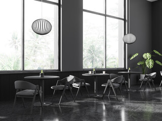 Gray and wooden cafe corner with round tables