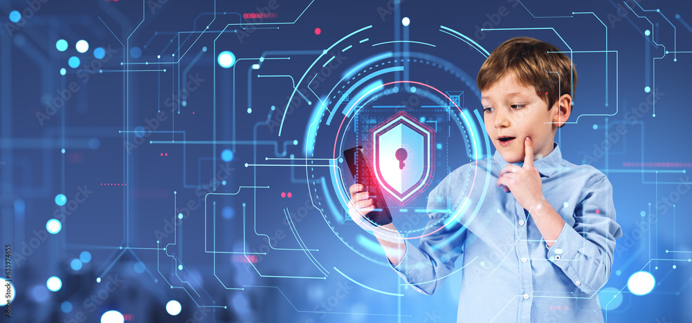 Wall mural School boy looking at the phone, pemsive portrait with cybersecurity hologram