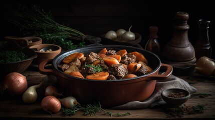 hearty beef stew,  with carrots and onion