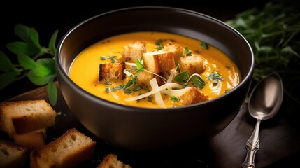 a bowl of creamy butternut squash soup garnished with fresh herbs, cheese, and croutons
