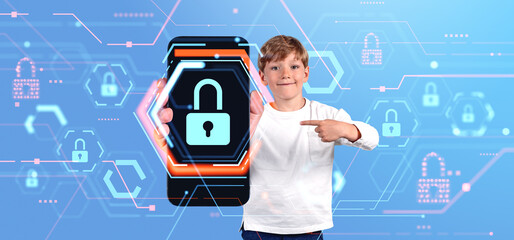 Fototapeta na wymiar Smiling child with phone in hand, portrait with cybersecurity hologram