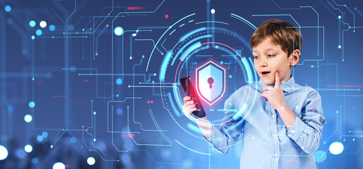 School boy looking at the phone, pemsive portrait with cybersecurity hologram