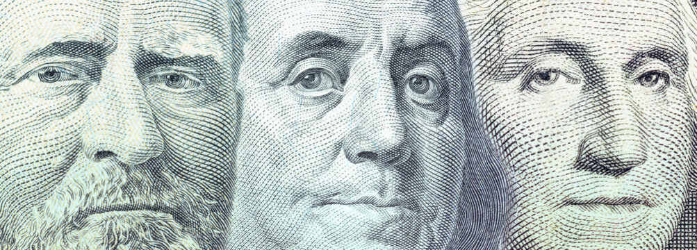 United States banknotes featuring the portrait of the country's president, such as those of Benjamin Franklin, George Washington, and Ulysses S. Grant. The presidents featured on US currency.