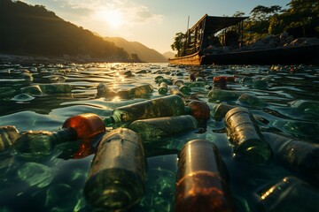 Sea tainted with plastic bottles, portraying natures degradation and environmental pollution Generative AI