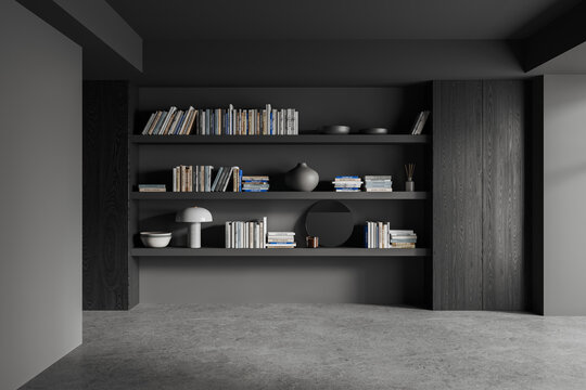 Minimalistic gray home library interior