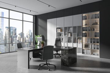 Modern office interior with work desk and shelf with decor, panoramic window