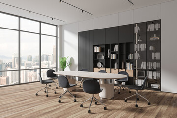 Modern business room interior with board and shelf with decoration, window