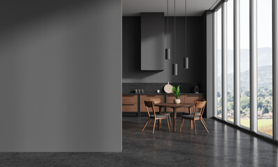 Grey home kitchen interior with cooking and dining area, window and mockup wall