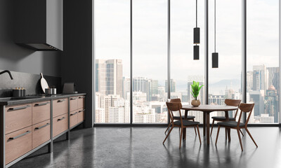 Panoramic gray kitchen with cabinets and dining table