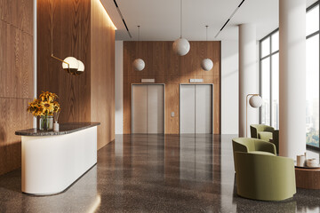 White and wooden hotel lobby interior with reception and elevators © ImageFlow