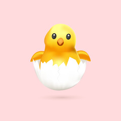 A cute yellow chick peeking out of an eggshell, on a pink background. Can be used for postcard, background, as a sticker, for greetings, web, print and your design. Vector