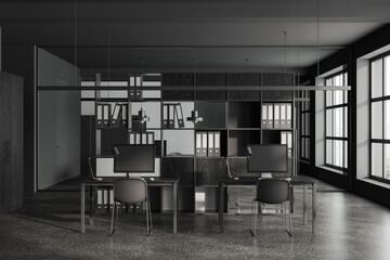 Grey business room interior with pc monitors on desk, shelf and panoramic window
