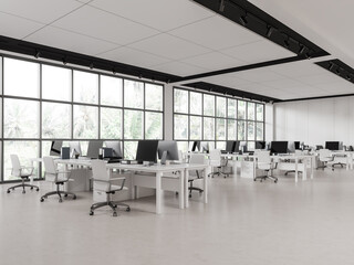 Naklejka na ściany i meble Stylish office interior with pc computer in row, desk near panoramic window
