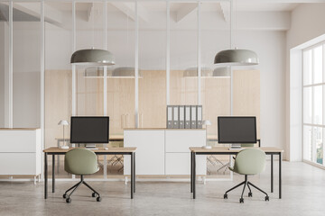 White and glass open space office interior