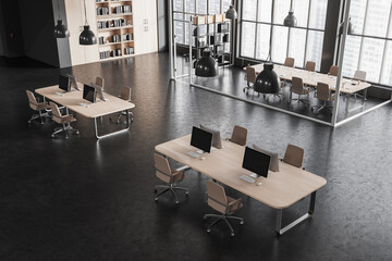 Gray open space office and meeting room interior