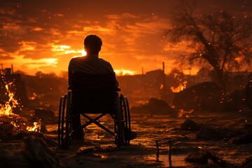 Fototapeta na wymiar Wheelchair bound silhouette, symbolizing empowerment amid a sunsets golden hues Generative AI