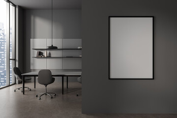 Grey office meeting room interior with seats and table, window. Mockup frame