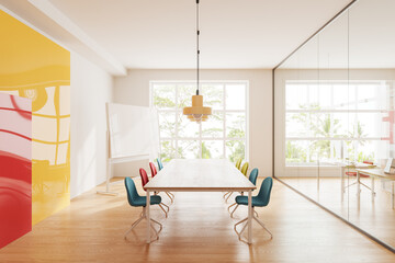 Bright office room interior with board and mock up presentation stand, window