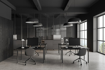 Grey office interior with pc computer on table, shelf and panoramic window