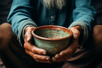Fototapeta na wymiar Aged hands clutch empty bowl, selective focus conveying the harshness of poverty Generative AI