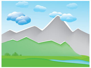 Summer mountain landscape in the style of paper application. Vector illustration.