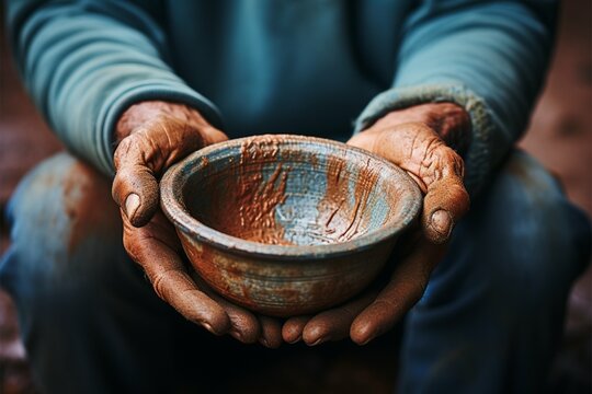 Aged hands clutch empty bowl, selective focus conveying the harshness of poverty Generative AI