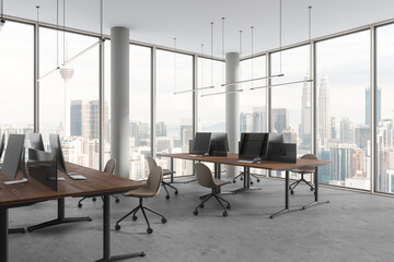 White panoramic open space office corner with columns