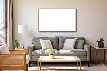 Horizontal picture frames with passe-partout mockup in living room interior, blank copyspace, light tones, wall art mock-up. Generative AI
