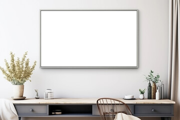 Horizontal picture frame mockup in modern living room interior, blank copyspace, grey tones, poster mock-up. Generative AI
